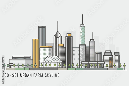 Minimalist skyline illustration featuring buildings and a greenhouse structure