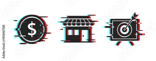 Glitch art of dollar symbol, storefront, and target icon trio