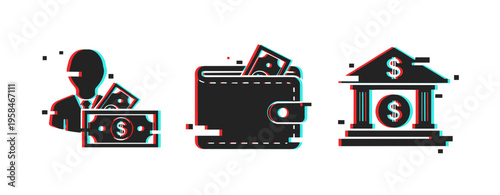 Glitch effect finance icons: person, wallet, bank building with dollar signs
