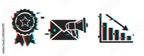 Glitch effect icons: award ribbon, email marketing, decline graph
