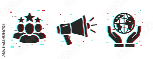 Leadership influence and global responsibility icons in glitch art style
