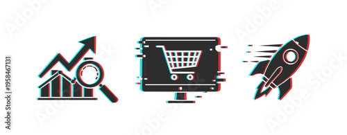 E-commerce growth concept with analytics, online shopping, and rocket icons