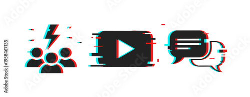 Social media conflict: glitch effect icons of users, video, and chat