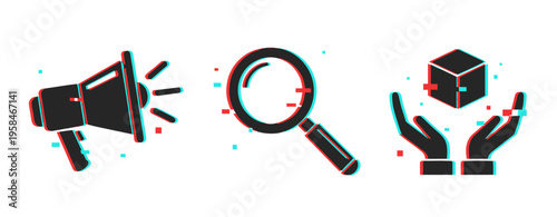 Glitch art: megaphone, magnifying glass, cube with hands in digital distortion