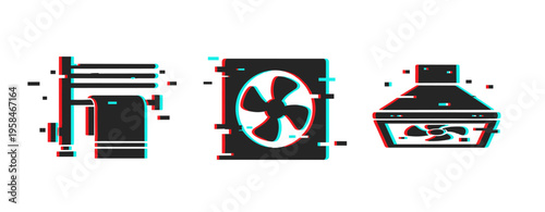 Glitched appliance icons: towel rack, ventilator fan, exhaust hood in digital art style