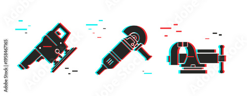Glitch art style: jigsaw, angle grinder, and vice illustrations