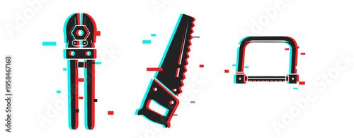 Glitch art of carpentry tools with pliers, hand saw, and hack saw