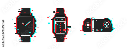 Futuristic digital watch and controller with glitch effect