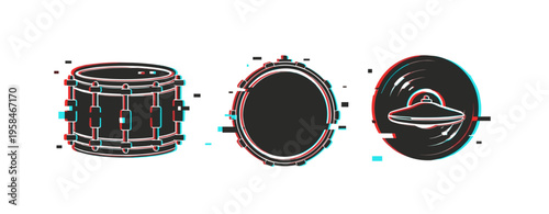 Retro glitch effect on snare drum, bass drum, and cymbal icons