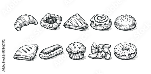 Collection of hand-drawn pastries and baked goods in a sketch style