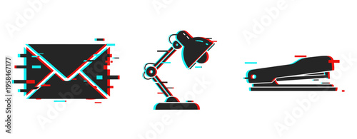 Glitch art of email, desk lamp, and stapler in digital distortion