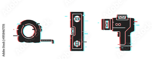 Toolkit glitch effect: tape measure, level, laser tool graphics in red-blue anaglyph