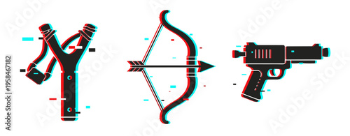 Glitch effect: slingshot, bow and arrow, toy gun icon set in 3d style