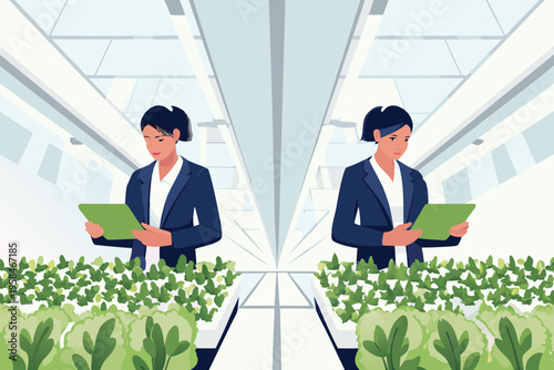Two women in suits examine plants with tablets in a vertical farm