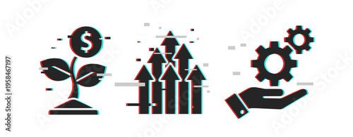 Glitch art with money growth, market arrows, and gear icons