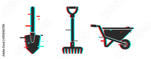 Glitchy 3d cyberpunk shovel, rake, wheelbarrow icons on white background