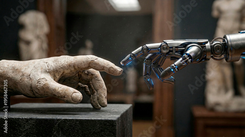 The hand of an AI robot touches the hand of an ancient marble statue in a museum gallery.  This striking scene creates a contrast between past and future.