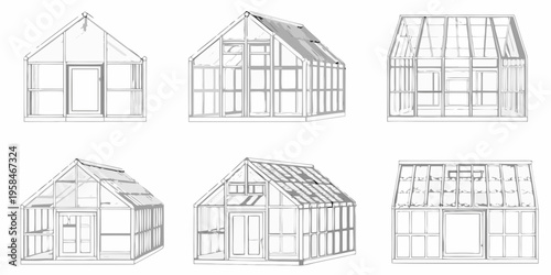 Architectural sketches of various greenhouse designs in a line drawing style