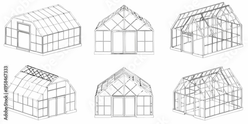 Architectural renderings of six different greenhouse designs in linear style