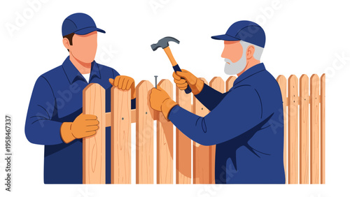 Craftsmen Building a Fence: Two skilled craftsmen collaborate, constructing a wooden fence with precision and care, symbolizing hard work and the value of a well-built structure.