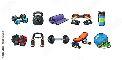 Collection of cartoon fitness equipment for a healthy lifestyle and exercise routine