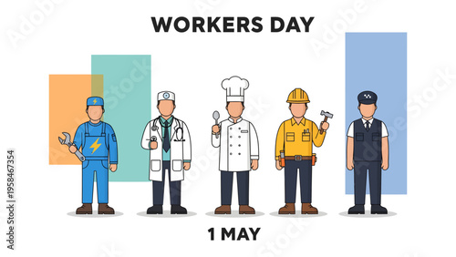 Workers Day Illustration: A vibrant illustration honoring worker contributions, featuring diverse professionals with their essential tools on May 1st. 