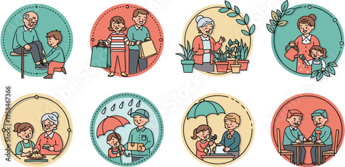 Community Kindness and Intergenerational Support Emblem Set Featuring Helpful Social Interactions, Elderly Care, Volunteering, and Good Deeds for Non-Profit and Charity Branding