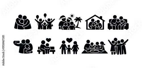 Diverse family icon set showing various relatable moments and activities together