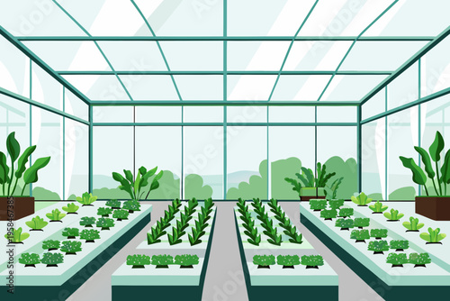 Inside a bright greenhouse with rows of plants and seedlings growing