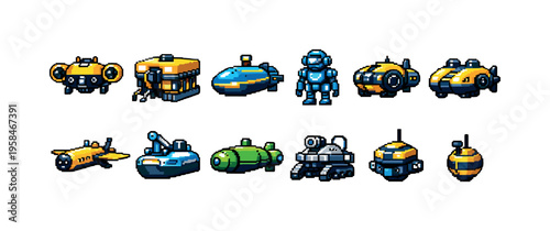 Collection of pixel art vehicles and robots for games and digital design