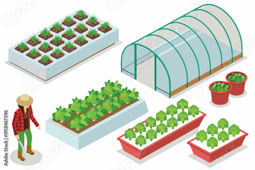 Isometric illustration of a greenhouse garden beds and a farmer