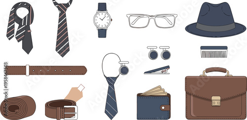 Men fashion accessories set with tie, watch, glasses, hat, belt, wallet, cufflinks and briefcase isolated vector illustration