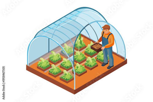 Isometric illustration of a gardener tending to plants in a greenhouse