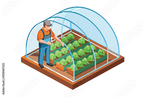 Isometric illustration of a gardener tending to plants inside a greenhouse