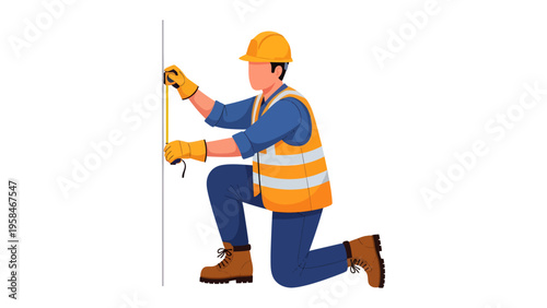 Construction Measurement: A construction worker kneels, meticulously measuring a wall with a tape measure, dressed in safety attire, highlighting precision and diligence in the construction process.