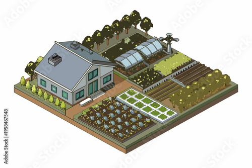 Isometric illustration of a house with a garden and greenhouse