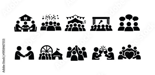 Collection of diverse group activity icons representing community and celebration