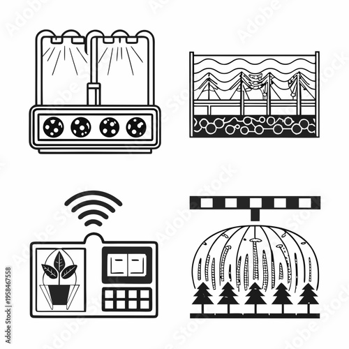 Black and white icons depicting indoor farming and environmental technology