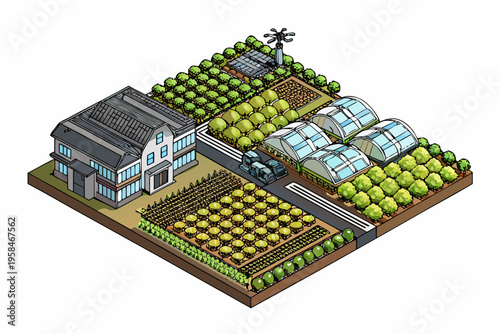 Isometric illustration of a modern farm with house greenhouses and gardens