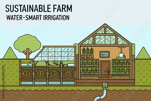 Illustration of a sustainable farm with greenhouse and water smart irrigation