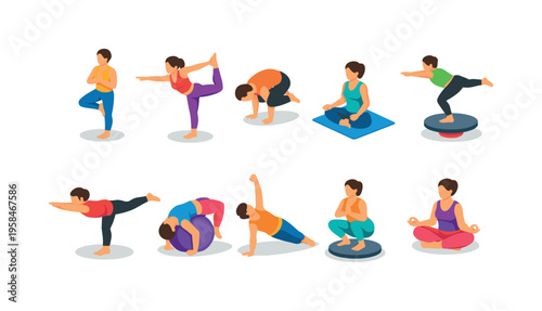 Diverse group of people performing various yoga poses and exercises for fitness