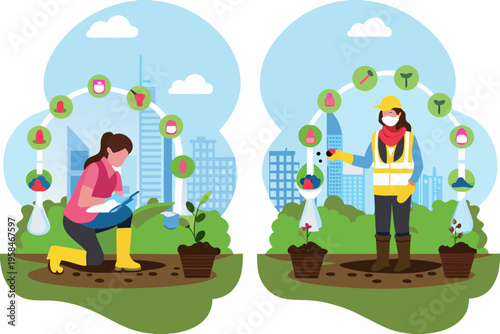 Woman gardening and tending plants in an urban environment illustration