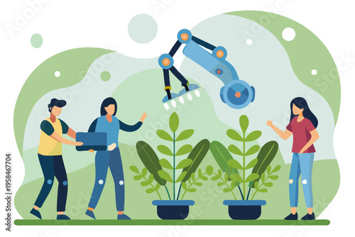People interacting with robotic arm and cultivating plants in a modern setting
