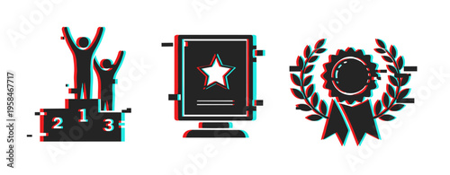 Winners standing on podium with ribbon and award icon set. Glitch effect