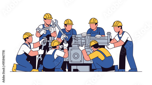 Team of Engineers in Action: Illustrating the precise coordination of a group of skilled engineers working diligently on sophisticated machinery, emphasizing their expertise.
