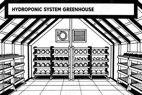 Illustration of a hydroponic greenhouse system with tiered plant shelving