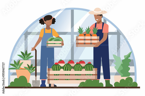 Two farmers harvesting fresh produce inside a bright greenhouse structure