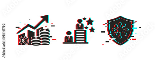 Business icons representing growth ranking and security on white. Glitch effect