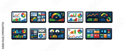 Collection of pixel art dashboards displaying various charts and graphs for data analysis