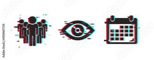 Group, visibility and calendar icons indicating schedule review. Glitch effect
